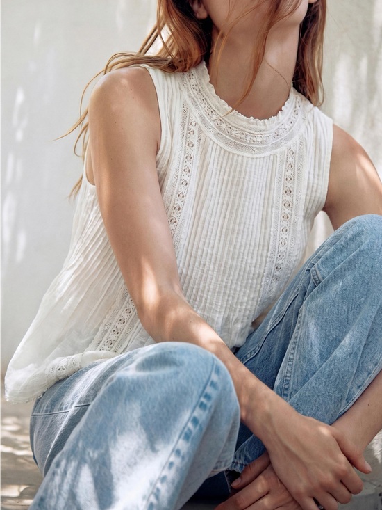 Sezane Tops - White Lace-Trim Pintuck Sleeveless Top